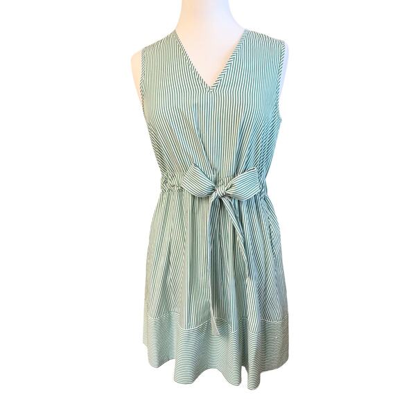 Pearl by Lela Rose Stretch Cotton Cottage Dress Green White Stripe Classy Preppy - Picture 4 of 9